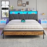 Brinlawb Bett 180x200 mit Lattenrost aus Metall, Doppelbett 180x200 cm mit LED Beleuchtung, Bettgestell 180x200cm Bett mit Kopfteil und Ladestation (2 AC-Steckdosen, 2 USB-Anschlüsse) Modern, Grau