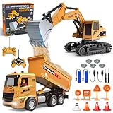 Fernbedienung Bagger und Muldenkipper Spielzeug Set - RC Baufahrzeuge mit Straßenschildern, Barrieren, simulierten Steinen, Lichtern und Geräuschen, Geburtstagsgeschenk für Kinder 3-12 Jahre Jungen Mä