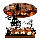 Halloween Kerzenhalter aus Metall und Holz - Lasergravierte Teelichthalter mit Hexen, Geistern und Kürbissen, Stimmungsvolle Halloween Tischdekoration, 26×8×19 cm