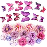MWOOT 26 Stück Künstliche Blumenköpfe 3D Schmetterlinge, Kunstblumen Schmetterlinge Deko Klein für Handwerk, Gefälschte Rosen Nelke für DIY Kranz Kuchen Hochzeit Party Haus Garten Dekoration(Lila)