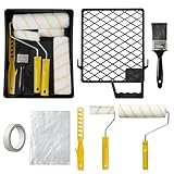 QILICZ Malerset Streichen,12 teilig Farbroller Set mit Farbwanne,Farbrührstab,Abdeckfolie, Malerpinsel,Abtropfgitter,Farbroller mit Ersatzhülsen,Maler Roller Set für Fassadenfarbe