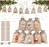 ilauke 24 Stück Jutebeutel Weihnachten 13 x 18cm,Jutesack Klein Nikolaussack Stoffsäckchen mit Zugband mit 10m Hanfseil und 30 Holzklammern für Weihnachtskalender Adventskalender DIY Partygeschenke