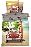 VW Volkswagen Käfer Bettwäsche Rot 135 cm x 200 cm + 80 cm x 80 cm 100% Baumwolle Renforcé-Linon-Qualität Oldtimer Retro Bulli Camper Van New Beetle T1 mit Reißverschluss Deutsche Größe 006