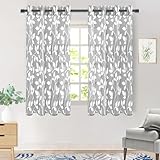 MRTREES Gardinen mit Ösen Transparent Wohnzimmer Modern Kurz Fenster 2er Set, 160 cm Lang, 140 cm Breit, Vorhang Grau Weißen Blätterdrucken Muster Vorhänge Schlafzimmer Kinderzimmer Küche