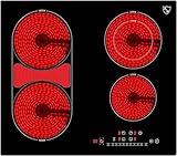 K&H Glaskeramikkochfeld NCD-7207D [4 ZONEN] - Herdplatte 4 Kochfelder mit Großer Bräterzone - Kochfeld 4 Platten Autark - Kochplatten 4er - Starkstrom-Anschluss - 59CM - 7200 Watt - 9 Leistungsstufen