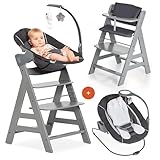 hauck Alpha+ Newborn Set Deluxe - Baby Holz Hochstuhl ab Geburt mit Liegefunktion - inkl. Aufsatz für Neugeborene & Sitzpolster - mitwachsend, verstellbar - Grau