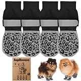4 Stück Hundesocken Anti Rutsch,Hundesocke mit Klettverschluss Riemen Leuchtband, Schuhe Outdoor,Leopardenmuster Leckschutz,Schuhe Kleine Hunde,Pfotenschutz für Hunde(S)