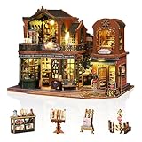 Cuteefun DIY Miniatur Haus Puppenhaus, Holzpuppenhaus mit LED, Winziges Haus Bausatz für Erwachsene zum Bauen, Einzigartiges Geschenk zum Geburtstag Weihnachten (Dämmerung Buchstadt)