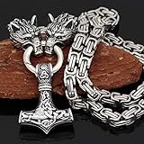 Serired Viking Thors Hammer Halskette, Herren Edelstahl Nordische Mythologie Mjolnir Anhänger Amulett Mit Heidnischen Vintage Handgefertigten Wolfskopf Byzantinischen Kette,Silber,60CM