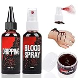 Kunstblut Set, 60ml Kunstblut Spray und 60ml Tropfendes Kunstblut und 40ml Wundschorf Kunstblut, Halloween Waschbar Kunstblut Make-up für Kleidung, Zombie, Vampir Cosplay & Dress Up