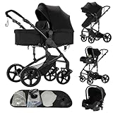 Reenborn Kinderwagen 3 in 1, Buggy mit Zwei Umkehrbaren Schiebemodi, Kinderwagen mit Rahmen Aluminiumlegierung, Babywagen 3 in 1 Komplettset mit Ein-Klick-Faltdesign Hohe Landschaft (588 Black)