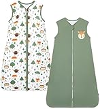 Chilsuessy Schlafsack Baby 2er Pack 2.5 Tog Winterschlafsack Babyschlafsack aus Baumwolle Winter Schlafanzug ohne Ärmel für Kinder, Grün + Waldtiere, 110cm/Baby Höhe 100-120cm