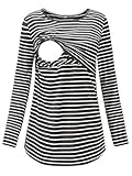 Love2Mi Damen Schwangere Stillen Shirt Nursing Langarm Rundhals Top Schwangerschaft Umstandstop,Graue Weiß Streifen,L