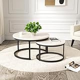Hawthyhome 2 Stücke Beistelltisch Set rund, Couchtisch aus Holz mit Metallrahmen,Moderne Kaffeetische Satztische für Wohnzimmer Schlafzimmer Weiß