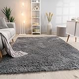 Paco Home Hochflor Teppich Wohnzimmer rutschfest Fellteppich Shaggy Flauschig Weich Modern Kunstfell Fell Imitat Einfarbig, Grösse:60x100 cm, Farbe:Grau