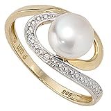 Jobo Damen-Ring aus 14 Karat 585 Gold mit Perle und 2 Diamanten Größe 60