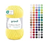 Gründl Wolle Cotton Quick uni - dünne Wolle zum Häkeln - Strickgarn - Häkelgarn - Glänzend und hautfreundlich - 100 % Baumwolle - 1 Knäuel 50 g / 125 m - Nadelstärke 3 - 4 - Gelb