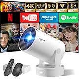 Mini Beamer Unterstützt 4K 1080P, Projektor Tragbarer mit WiFi 6 und Bluetooth 5.4, Beamer Klein Projektor Auto Keystone 180°Dreh Kompatibel mit HDMI/TV Stick/Memory Stick/Laptop, Weiß