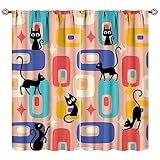 JESTRONRY Mid Century Stil Vorhänge, schwarze Katze, modern, abstrakt, geometrisch, 1950er 60er Jahre, Vintage, bunt, Verdunkelungsstange, Fenstervorhänge für Wohnzimmer, Schlafzimmer, Heimdekoration,