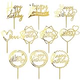 MOGADEE® 10 Stück Goldenes Happy Birthday Tortendeko Set, Acryl Glitter Cupcake Topper, Girlande Herze Sternen Cake Topper, Happy Birthday Kuchen Deko für Mädchen, Kinder, Hochzeit, Mutter(Gemischter)