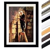 Bild mit Rahmen - Carl Spitzweg Der Bücherwurm 30x40 cm ca. A3 - Gerahmter Kunstdruck inkl. Galerie Passepartout Alte Meister - Rahmen schwarz