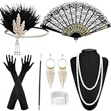 9 Stück 20er Jahre Accessoires Damen, 20er Jahre Kostüm Damen, 20er Jahre Kleid Zubehör, Karneval Great Gatsby Outfit Accessoires, Kopfschmuck, Handschuhe, Perlenkette, Armband, Ohrringen, FaltfäCher