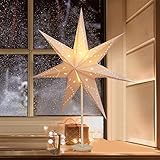 SALCAR LED Weihnachtsstern Beleuchtet Fenster 35cm, Papierstern Weihnachten mit E14 Lampe, 3D Leuchtstern Stehend Adventsstern mit Eisensockel Fuß, Weiß