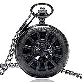 Vintage Taschenuhr Herren mit Kette Quarz Taschenuhr Unisex, Blaue Skelettuhr Hohle Schwarze Kutschenräder Abdeckung Handaufzug Mechanisch for Männer Frauen