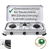 Camping Gas-Kocher 3-flammig mit Zündsicherung 50 mbar Weiss mit Gasschlauch 100cm und Gasdruckregler 50mbar