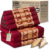 livasia Thaikissen 3 Auflagen Thaiseide - 175x55x8cm - Dreieckskissen mit Klappmatratze, Rückenkissen faltbar, Thaimatte zum Klappen, Kapok handgefertigt, Meditationskissen (Rot/Elefanten Seide)