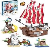 QLT Piratenschiff Bausteinspielzeug Set, 3-in-1 Piratenschiff, Piratenbaumhaus und Schädelinsel, klemmbausteine für Kinder ab 6+ Jahren(260 Pieces)