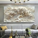 YUSUZHU Goldenes weißes Blumenbaum-Poster und Drucke, abstraktes Leinwandbild, Wandbild, Gemälde, Wandkunst, Bilder für Wohnzimmer, Heimdekoration, 90 x 180 cm, rahmenlos