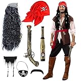 Piraten Kostüm Erwachsene, Piratenkostüm mit Piraten Perücke Schnurrbart Herren Piratenkapitän Bandana Pistole Fernrohr Augenklappe Zubehör für Karneval Halloween Party Kostüm Prop