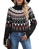 QUNERY Damen Strickpullover Elegante Rollkragenpullover Pullover in Kontrastfarbe Casual Lose Weich Jumper Sweater Pulli Schwarz XL
