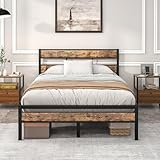 HOJINLINERO Bed Frame Metallbett Bett Bettgestell Bettrahmen Doppelbett 120 x 200 cm mit Lattenrost Metall/Holz Kopfteil für Schlafzimmer Gästezimmer,Vintage Braun +Schwarz