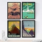 Nacnic Alte Reise Werbeplakate. Bunte Werbung aus dem letzten Jahrhundert für Reisebüros. Vereinigte Staaten, Island, Neuseeland und Österreich. A3 ohne Rahmen.