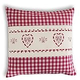 wometo Kissenhülle Zierkissen 40x40 OekoTex - Landhaus-Stil Dekokissen Sofakissen Stick Herz rot kariert, Karo rot Heller Hintergrund Reißverschluss