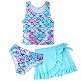 AIDEAONE Badeanzüge für Mädchen Kinder Tankini entzückende Dreiteiliges Set mit Blaue Meerjungfrau Boden Bademode 6-7 Jahre