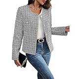 AUKLETBLIEF Damen Tweed Blazer Jacken Langarm Rundhals Jacke Tops Business Casual Blazer Mantel (DE/NL/SE/PL, Alphanumerisch, M, Regular, Regular, Schwarz)
