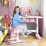 Vinteky Kinderschreibtisch Stuhl Höhenverstellbar, Kindertisch Stuhl Set mit neigbarer Tischplatte Schreibtisch Kinder Mädchen & Jungs, Höhenverstellbarer Schreibtisch mit Schubladen (Rosa)