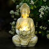Yeomoo Meditation Buddha Figur Teelichthalter/Kerzenhalter Deko Wohnzimmer – Buddha Figuren mit Lotus Zen Zimmer Dekoration Gartendeko für Draußen mit LED Teelicht Personalisierte Geschenke Weiß 20CM