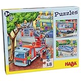 HABA Feuerwehr-Puzzle – 3-teiliges Set für Kinder ab 3 Jahren, Papp-Puzzle mit Polizei- und Rettungswagen-Motiven – Fördert Feinmotorik und Konzentration – 1302759001