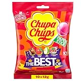 Chupa Chups Best of Lutscher, Nachfüll-Beutel enthält 10 Lollis in den 4 Geschmacksrichtungen Cola, Erdbeeren, Apfel, Erdbeere-Sahne, geeignet für Geburtstag, 10 x 12g