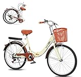 damen fahrrad 24 Zoll Stadtrad,Damen Männlich Cityräder Retro Vintage ​Citybike 6 Gang-Getriebe Schnellfaltsystem falten Fahrrad+Rücklicht+Korb+Glocke(Versand aus deutschem Lager)Farbe:beige+hellbraun