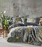 ZIRVEHOME Bettwäsche 200x220 cm – 5-teiliges Set in Grün, Gold und Grau, 100% Baumwollsatin, Wende-Bettbezug bunt geblümt, Kissenbezug 80x80 cm. Botanica