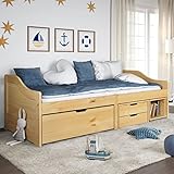Festnight Tagesbett mit 3 Schubladen Bett mit Stauraum Senta Kinderbett Jugendbett Bett 90x200 Kiefer Natur Tagesbett Gästebett Einzelbett mit Schubkästen Funktionsbett Kojenbett 90x200cm