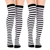 Lusofie 2 Paar Thigh High Socks Overknees Gestreifte Overknee Strümpfe Hohe Socken Thigh Highs Kniestrümpfe Damen Lange Schwarz Weiß Gestreifte Mädchen Weihnachten Halloween Partyzubehör Halloween