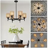 Hängelampe Rattan Groß, Kronleuchter Vintage Landhaus Ø 63cm Boho Küchenlampe Hängend Höhenverstellbar E27 Pendelleuchte Schwarz 6 flammig Rustikale Retro Esszimmerlampe für Küche Esstisch Wohnzimmer