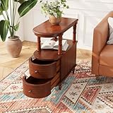 PADMA HOUSE Massivholz Beistelltisch mit 2 Schubladen, schmaler Wohnzimmertisch mit Aufbewahrungsregal, Vintage Slim Sofatisch, Kaffeetisch Kirsche Nussbaum (1, Nussbaum)