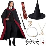 Amazluck Magic Robe, Zauberer-Kostüm für Erwachsene Umhang Cosplay mit Zauberumhang Rote Krawatte Zauberhut Zauberstab Brillengestell für Halloween Karneval Verkleidung Party Fancy Dress